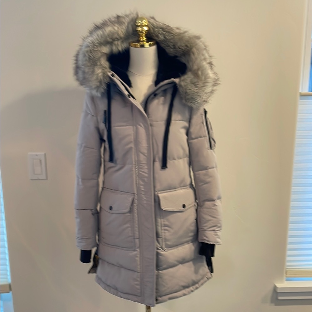 BCBG Women's Gray Hooded Parka with Faux Fur Trim XS